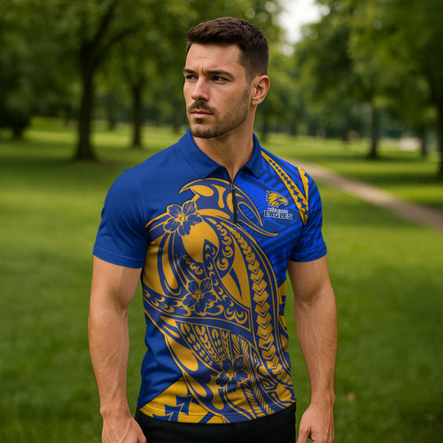 Personalized West Coast Eagles Zipper Polo Shirt Polynesian Tribal Eagle Mascot With Hibiscus Floral Art