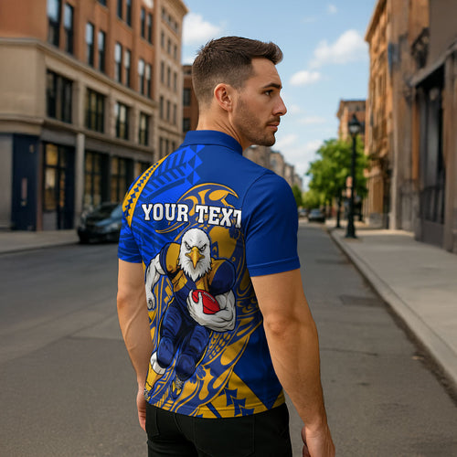 Personalized West Coast Eagles Zipper Polo Shirt Polynesian Tribal Eagle Mascot With Hibiscus Floral Art