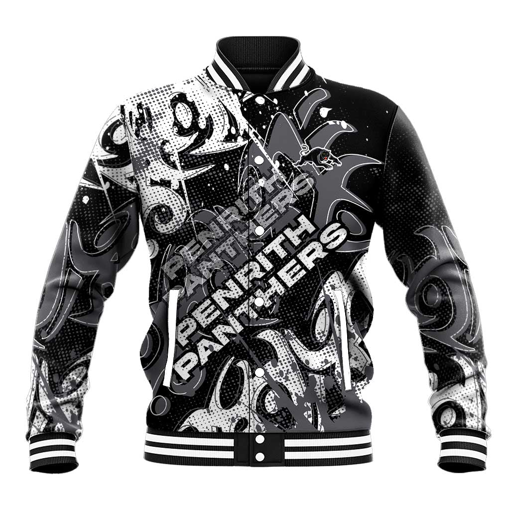 Personalized Penrith Panthers Rugby Baseball Jacket Urban Street Graffiti Style - Distressed Splatter Elements