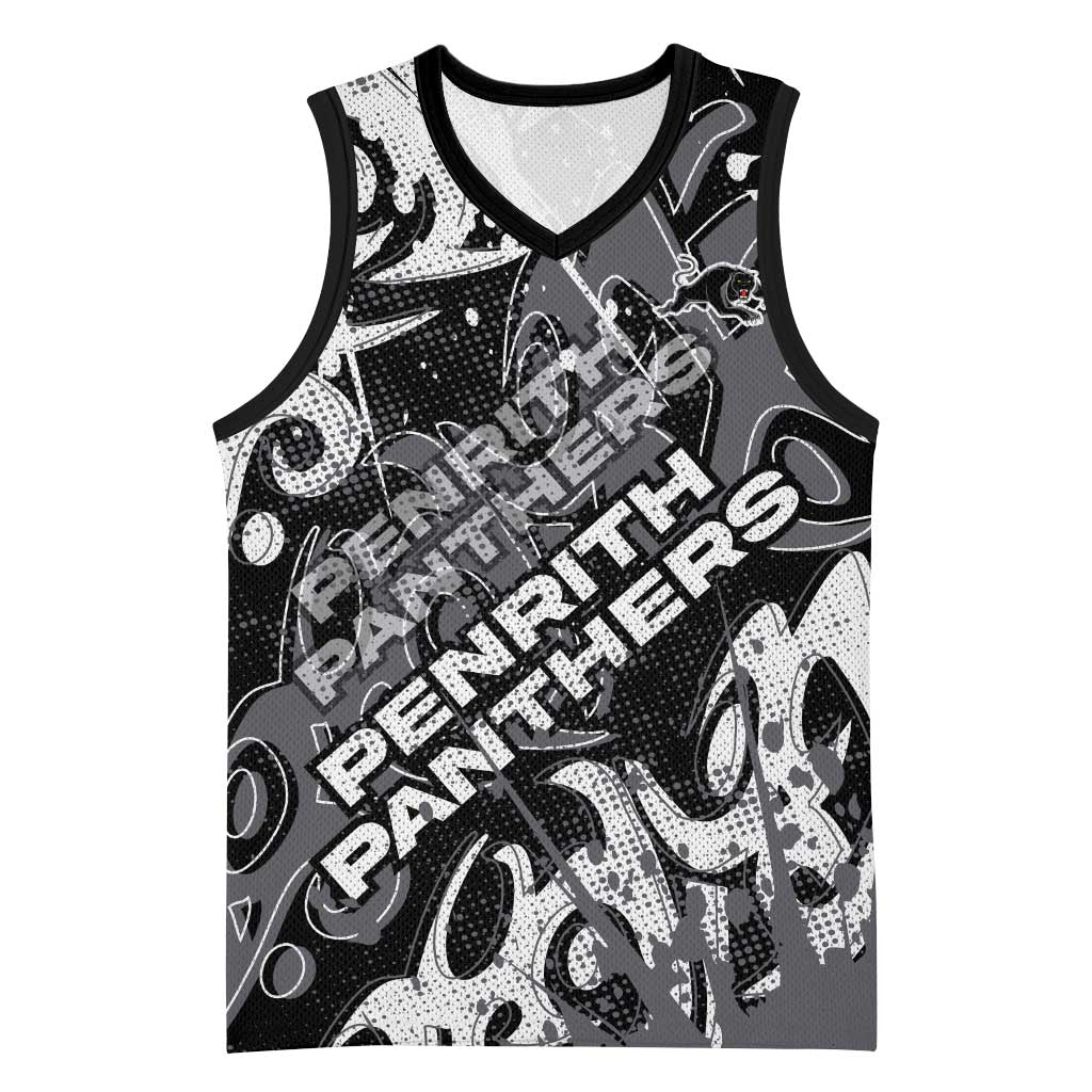 Personalized Penrith Panthers Rugby Basketball Jersey Urban Street Graffiti Style - Distressed Splatter Elements