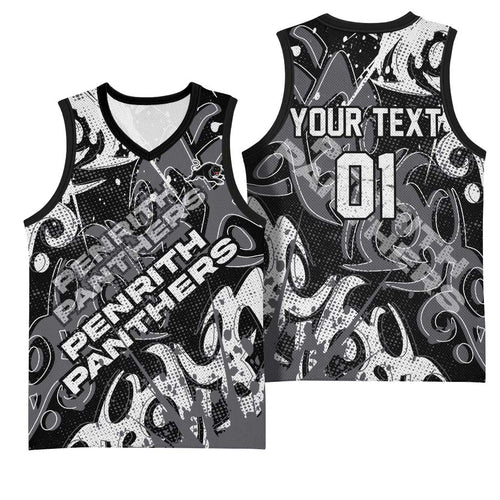 Personalized Penrith Panthers Rugby Basketball Jersey Urban Street Graffiti Style - Distressed Splatter Elements