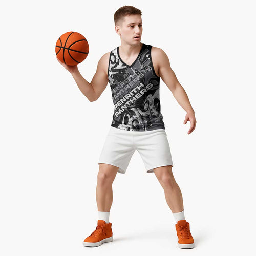 Personalized Penrith Panthers Rugby Basketball Jersey Urban Street Graffiti Style - Distressed Splatter Elements