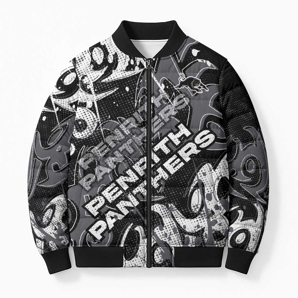 Personalized Penrith Panthers Rugby Bomber Puffer Jacket Urban Street Graffiti Style - Distressed Splatter Elements