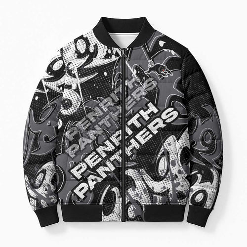Personalized Penrith Panthers Rugby Bomber Puffer Jacket Urban Street Graffiti Style - Distressed Splatter Elements