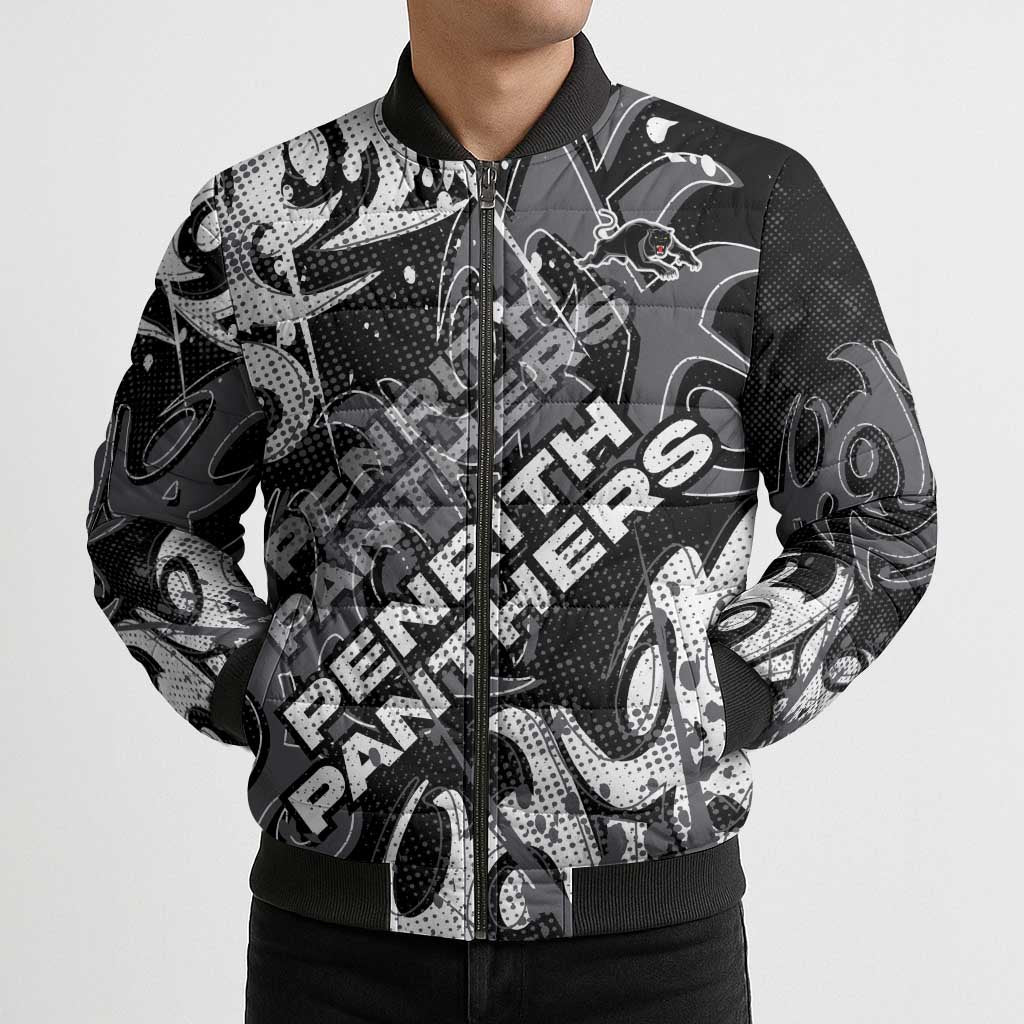 Personalized Penrith Panthers Rugby Bomber Puffer Jacket Urban Street Graffiti Style - Distressed Splatter Elements
