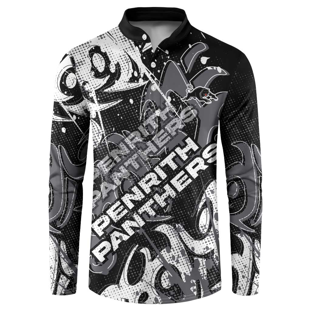 Personalized Penrith Panthers Rugby Button Sweatshirt Urban Street Graffiti Style - Distressed Splatter Elements