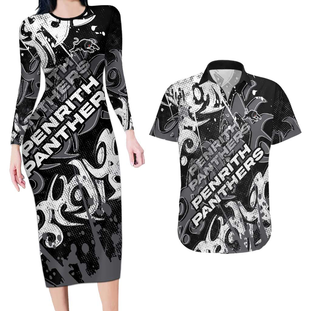 Personalized Penrith Panthers Rugby Couples Matching Long Sleeve Bodycon Dress and Hawaiian Shirt Urban Street Graffiti Style - Distressed Splatter Elements