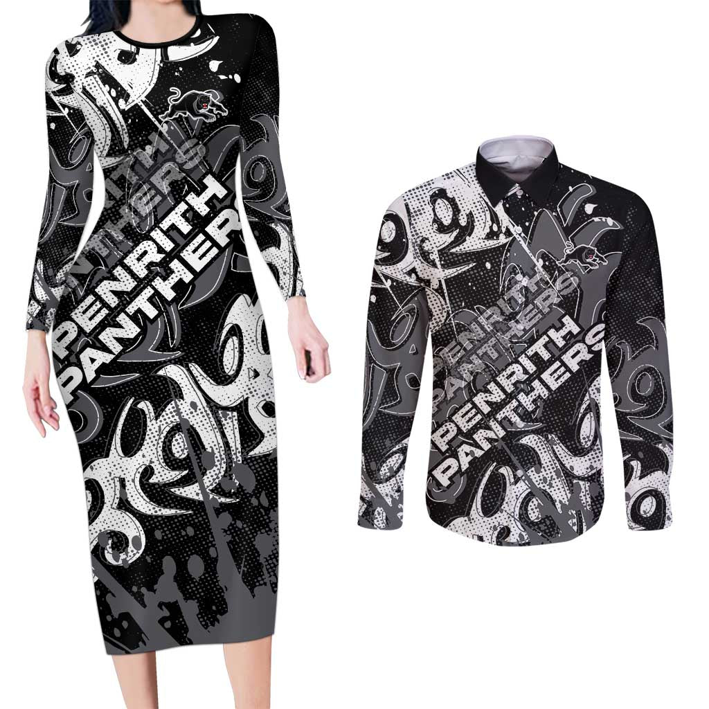 Personalized Penrith Panthers Rugby Couples Matching Long Sleeve Bodycon Dress and Long Sleeve Button Shirt Urban Street Graffiti Style - Distressed Splatter Elements