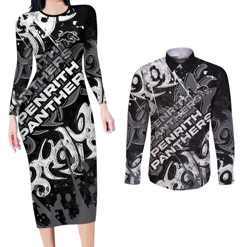 Personalized Penrith Panthers Rugby Couples Matching Long Sleeve Bodycon Dress and Long Sleeve Button Shirt Urban Street Graffiti Style - Distressed Splatter Elements