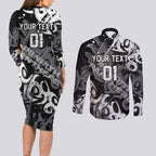 Personalized Penrith Panthers Rugby Couples Matching Long Sleeve Bodycon Dress and Long Sleeve Button Shirt Urban Street Graffiti Style - Distressed Splatter Elements
