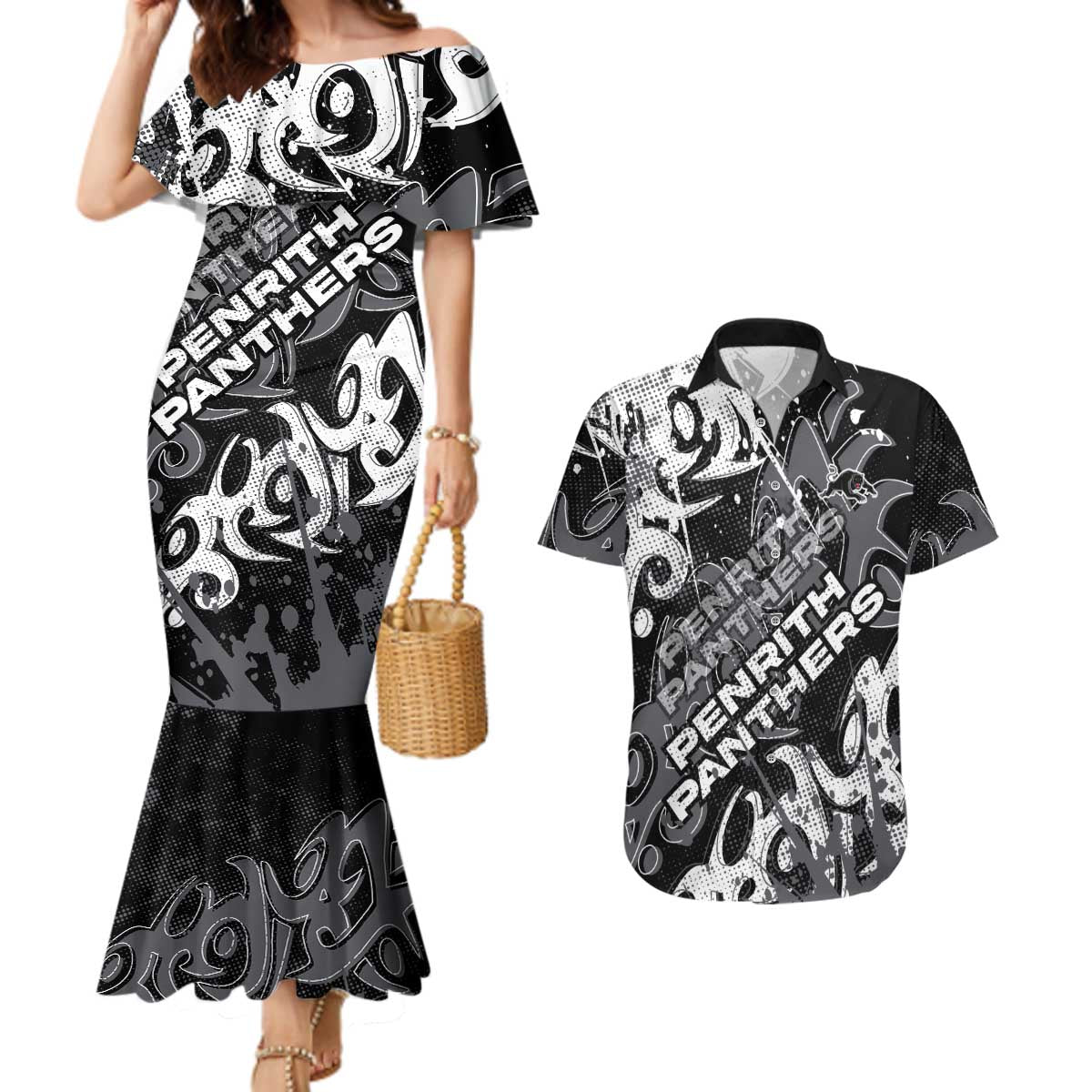 Personalized Penrith Panthers Rugby Couples Matching Mermaid Dress and Hawaiian Shirt Urban Street Graffiti Style - Distressed Splatter Elements