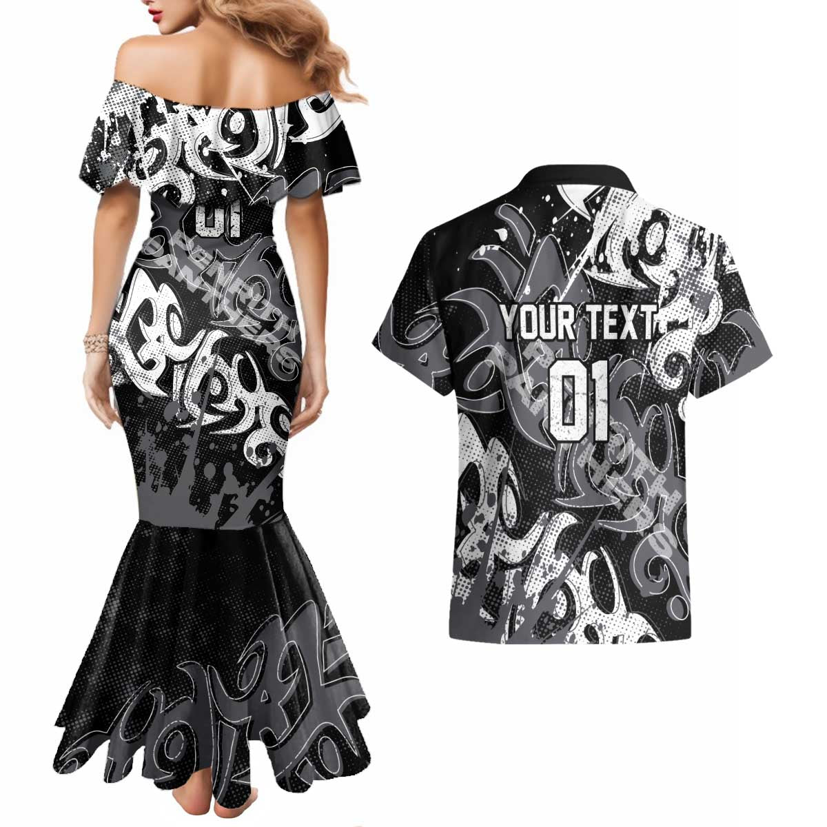 Personalized Penrith Panthers Rugby Couples Matching Mermaid Dress and Hawaiian Shirt Urban Street Graffiti Style - Distressed Splatter Elements