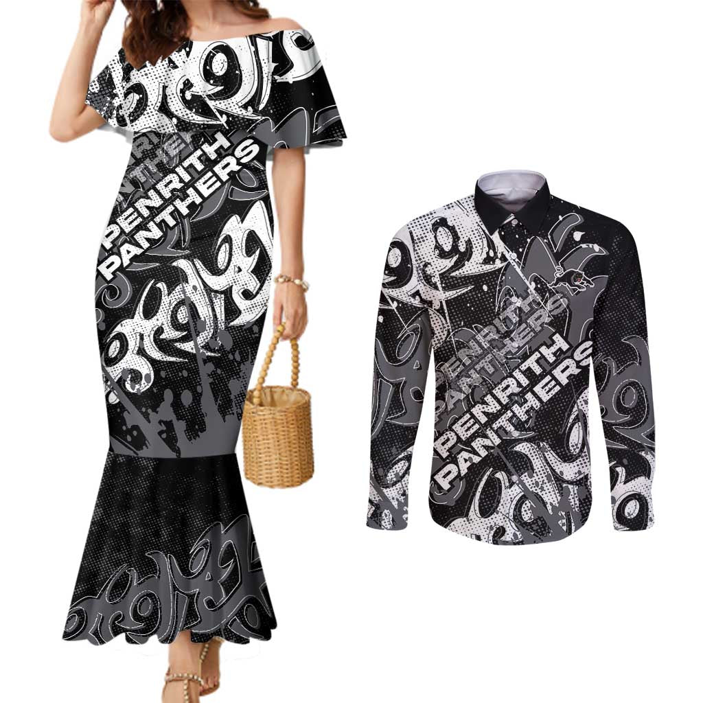 Personalized Penrith Panthers Rugby Couples Matching Mermaid Dress and Long Sleeve Button Shirt Urban Street Graffiti Style - Distressed Splatter Elements