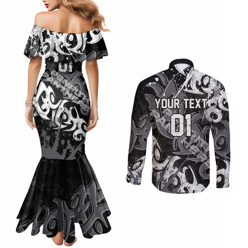 Personalized Penrith Panthers Rugby Couples Matching Mermaid Dress and Long Sleeve Button Shirt Urban Street Graffiti Style - Distressed Splatter Elements