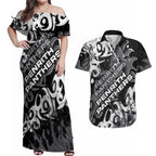 Personalized Penrith Panthers Rugby Couples Matching Off Shoulder Maxi Dress and Hawaiian Shirt Urban Street Graffiti Style - Distressed Splatter Elements
