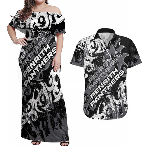 Personalized Penrith Panthers Rugby Couples Matching Off Shoulder Maxi Dress and Hawaiian Shirt Urban Street Graffiti Style - Distressed Splatter Elements