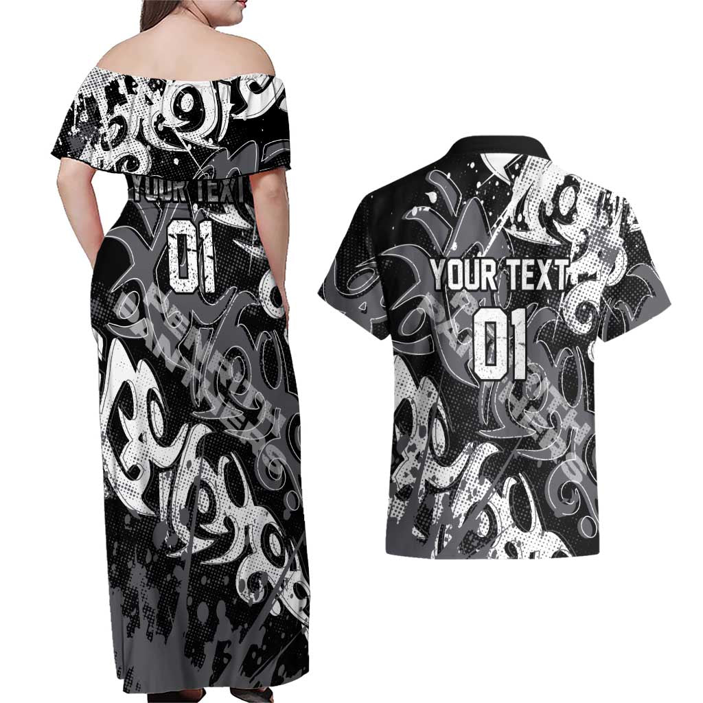 Personalized Penrith Panthers Rugby Couples Matching Off Shoulder Maxi Dress and Hawaiian Shirt Urban Street Graffiti Style - Distressed Splatter Elements