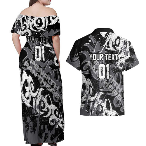 Personalized Penrith Panthers Rugby Couples Matching Off Shoulder Maxi Dress and Hawaiian Shirt Urban Street Graffiti Style - Distressed Splatter Elements