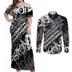 Personalized Penrith Panthers Rugby Couples Matching Off Shoulder Maxi Dress and Long Sleeve Button Shirt Urban Street Graffiti Style - Distressed Splatter Elements