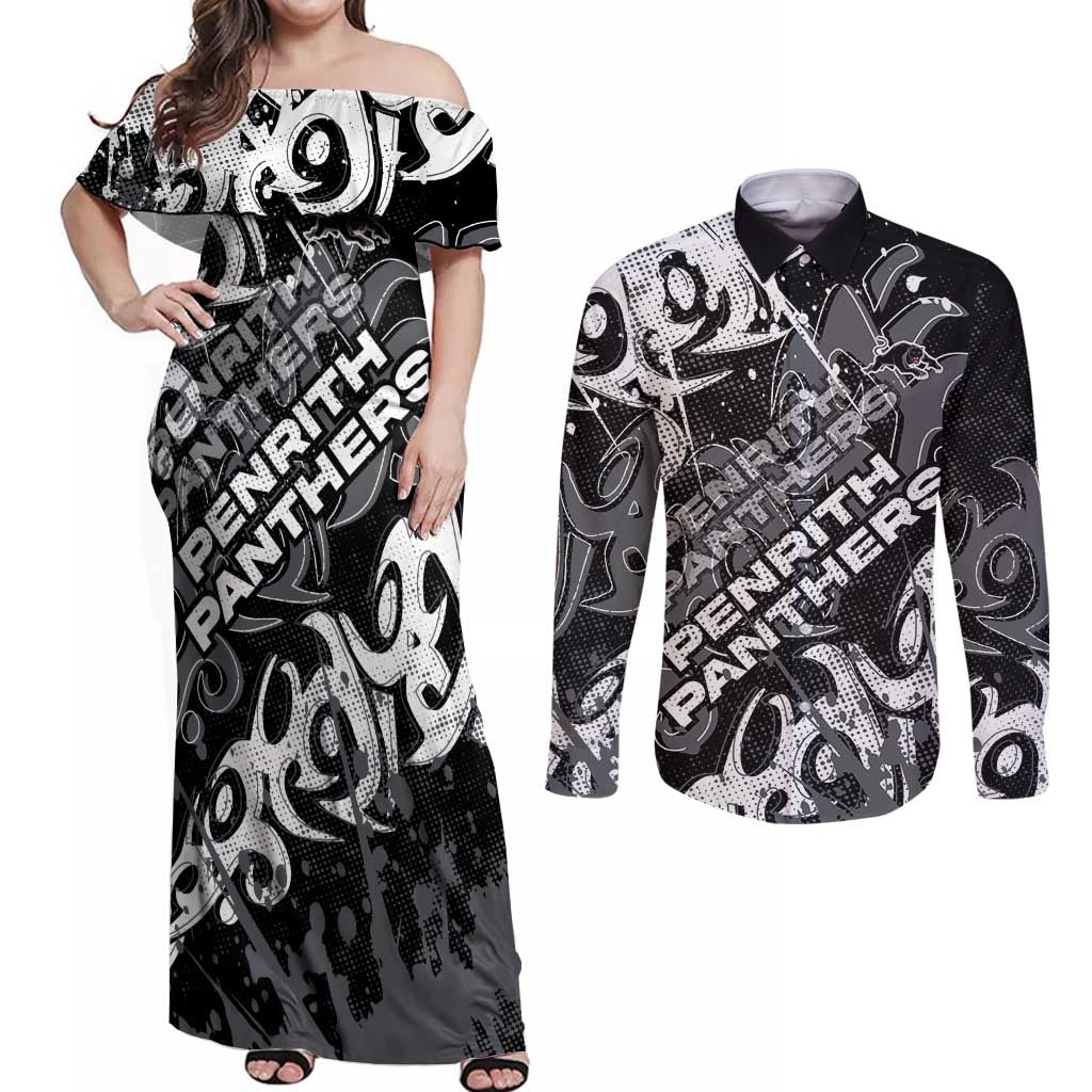 Personalized Penrith Panthers Rugby Couples Matching Off Shoulder Maxi Dress and Long Sleeve Button Shirt Urban Street Graffiti Style - Distressed Splatter Elements