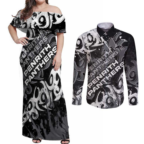 Personalized Penrith Panthers Rugby Couples Matching Off Shoulder Maxi Dress and Long Sleeve Button Shirt Urban Street Graffiti Style - Distressed Splatter Elements