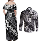 Personalized Penrith Panthers Rugby Couples Matching Off Shoulder Maxi Dress and Long Sleeve Button Shirt Urban Street Graffiti Style - Distressed Splatter Elements