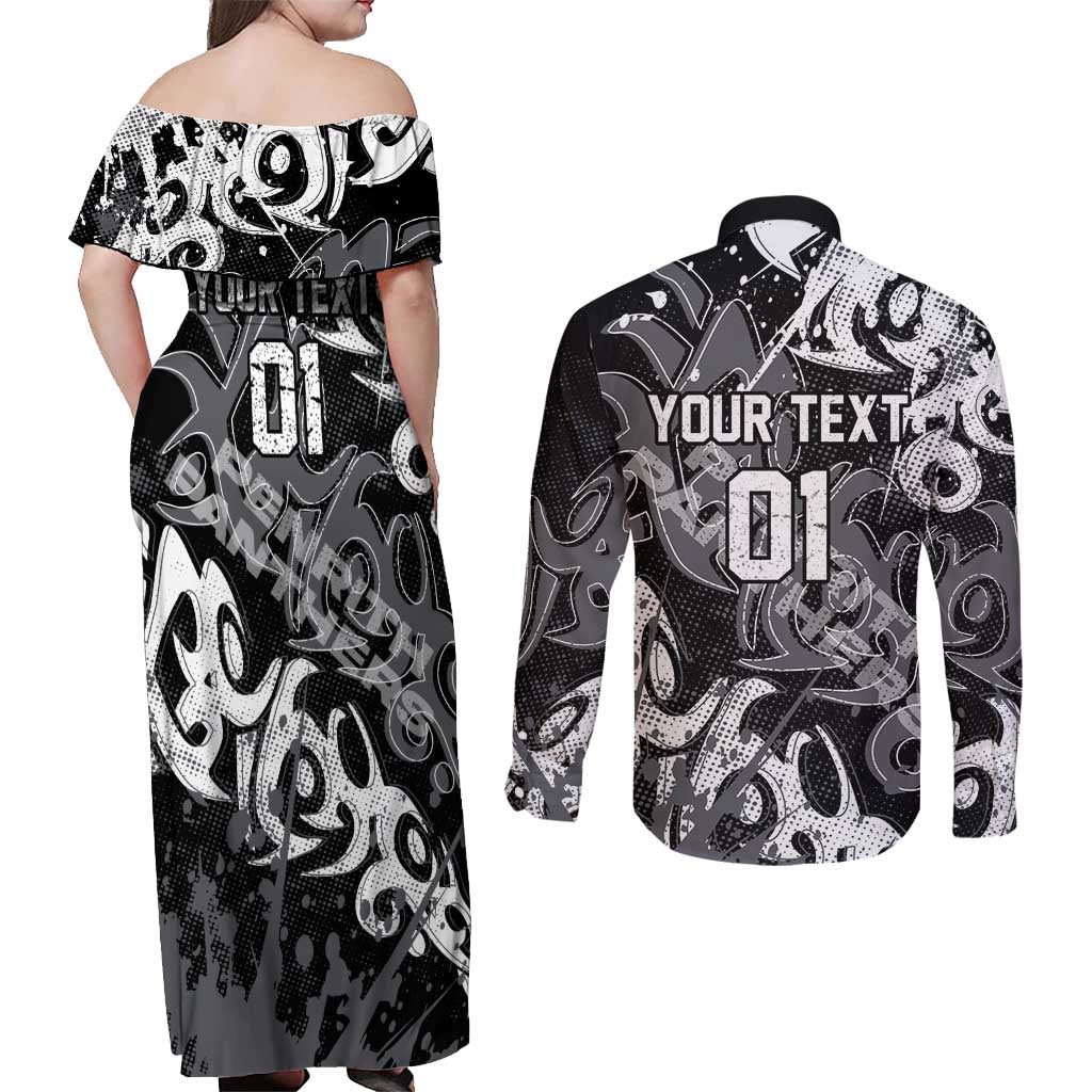 Personalized Penrith Panthers Rugby Couples Matching Off Shoulder Maxi Dress and Long Sleeve Button Shirt Urban Street Graffiti Style - Distressed Splatter Elements