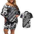 Personalized Penrith Panthers Rugby Couples Matching Off Shoulder Short Dress and Hawaiian Shirt Urban Street Graffiti Style - Distressed Splatter Elements