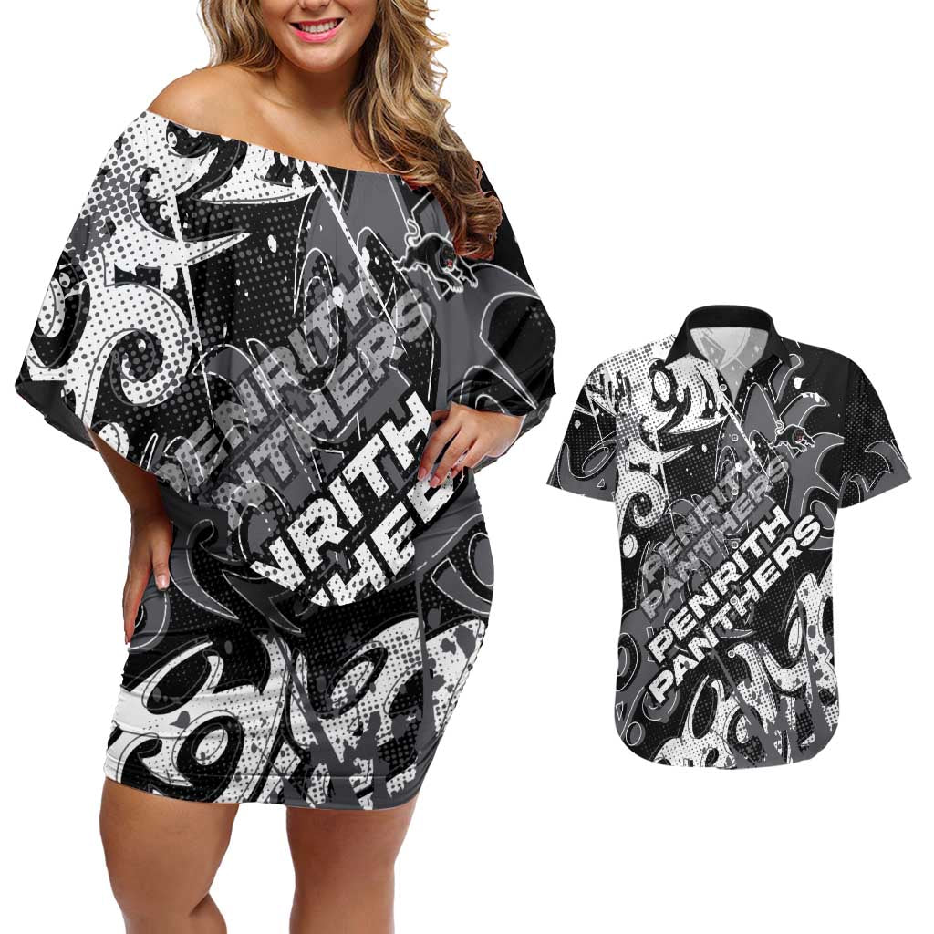 Personalized Penrith Panthers Rugby Couples Matching Off Shoulder Short Dress and Hawaiian Shirt Urban Street Graffiti Style - Distressed Splatter Elements