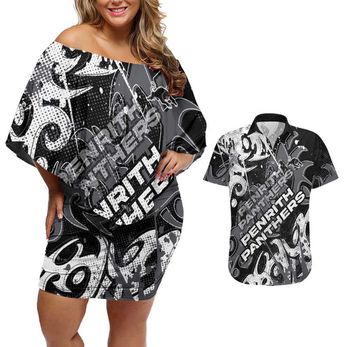 Personalized Penrith Panthers Rugby Couples Matching Off Shoulder Short Dress and Hawaiian Shirt Urban Street Graffiti Style - Distressed Splatter Elements