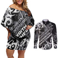Personalized Penrith Panthers Rugby Couples Matching Off Shoulder Short Dress and Long Sleeve Button Shirt Urban Street Graffiti Style - Distressed Splatter Elements