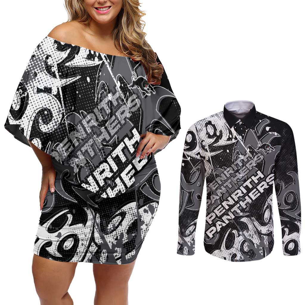 Personalized Penrith Panthers Rugby Couples Matching Off Shoulder Short Dress and Long Sleeve Button Shirt Urban Street Graffiti Style - Distressed Splatter Elements