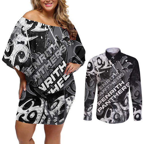 Personalized Penrith Panthers Rugby Couples Matching Off Shoulder Short Dress and Long Sleeve Button Shirt Urban Street Graffiti Style - Distressed Splatter Elements