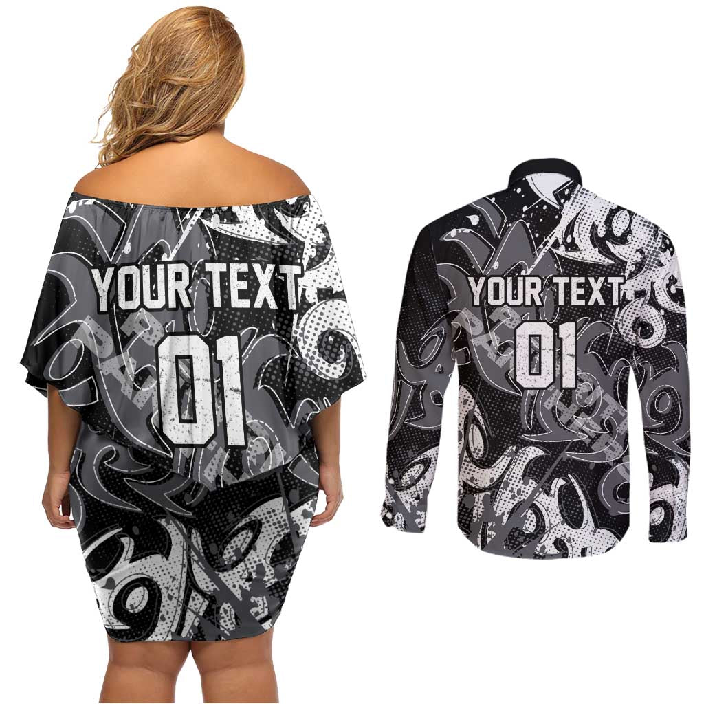 Personalized Penrith Panthers Rugby Couples Matching Off Shoulder Short Dress and Long Sleeve Button Shirt Urban Street Graffiti Style - Distressed Splatter Elements