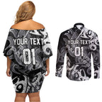 Personalized Penrith Panthers Rugby Couples Matching Off Shoulder Short Dress and Long Sleeve Button Shirt Urban Street Graffiti Style - Distressed Splatter Elements