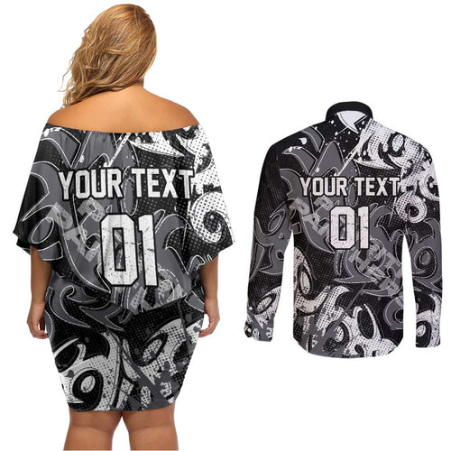 Personalized Penrith Panthers Rugby Couples Matching Off Shoulder Short Dress and Long Sleeve Button Shirt Urban Street Graffiti Style - Distressed Splatter Elements