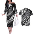 Personalized Penrith Panthers Rugby Couples Matching Off The Shoulder Long Sleeve Dress and Hawaiian Shirt Urban Street Graffiti Style - Distressed Splatter Elements