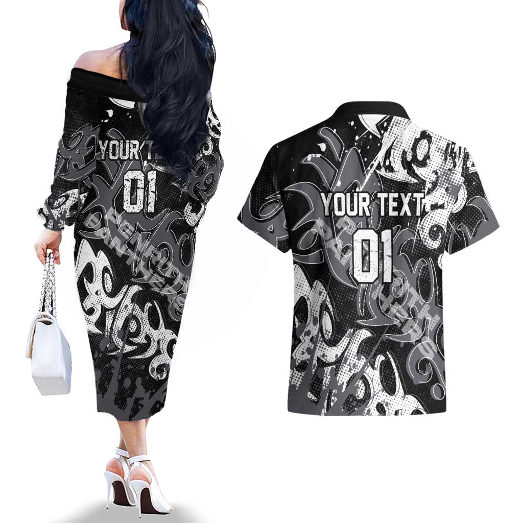 Personalized Penrith Panthers Rugby Couples Matching Off The Shoulder Long Sleeve Dress and Hawaiian Shirt Urban Street Graffiti Style - Distressed Splatter Elements