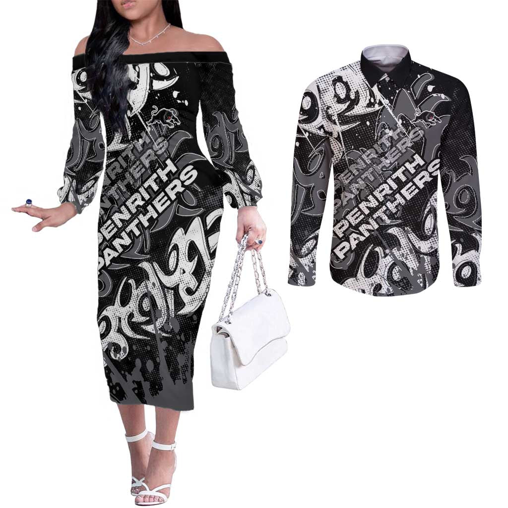 Personalized Penrith Panthers Rugby Couples Matching Off The Shoulder Long Sleeve Dress and Long Sleeve Button Shirt Urban Street Graffiti Style - Distressed Splatter Elements