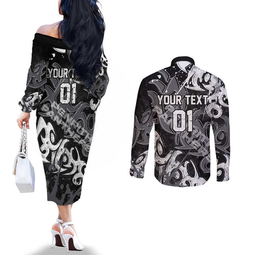 Personalized Penrith Panthers Rugby Couples Matching Off The Shoulder Long Sleeve Dress and Long Sleeve Button Shirt Urban Street Graffiti Style - Distressed Splatter Elements