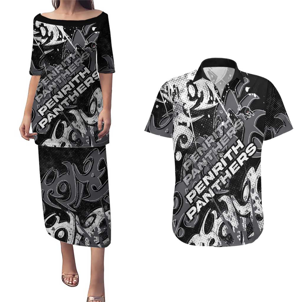 Personalized Penrith Panthers Rugby Couples Matching Puletasi and Hawaiian Shirt Urban Street Graffiti Style - Distressed Splatter Elements