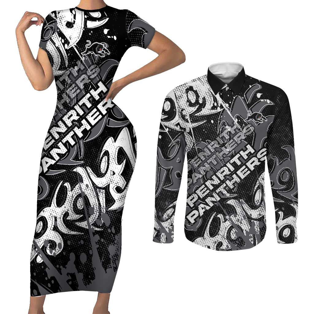 Personalized Penrith Panthers Rugby Couples Matching Short Sleeve Bodycon Dress and Long Sleeve Button Shirt Urban Street Graffiti Style - Distressed Splatter Elements
