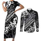 Personalized Penrith Panthers Rugby Couples Matching Short Sleeve Bodycon Dress and Long Sleeve Button Shirt Urban Street Graffiti Style - Distressed Splatter Elements