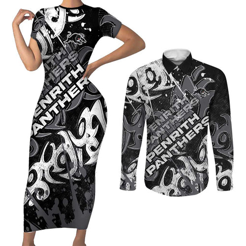 Personalized Penrith Panthers Rugby Couples Matching Short Sleeve Bodycon Dress and Long Sleeve Button Shirt Urban Street Graffiti Style - Distressed Splatter Elements