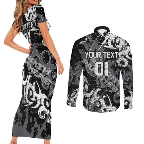 Personalized Penrith Panthers Rugby Couples Matching Short Sleeve Bodycon Dress and Long Sleeve Button Shirt Urban Street Graffiti Style - Distressed Splatter Elements