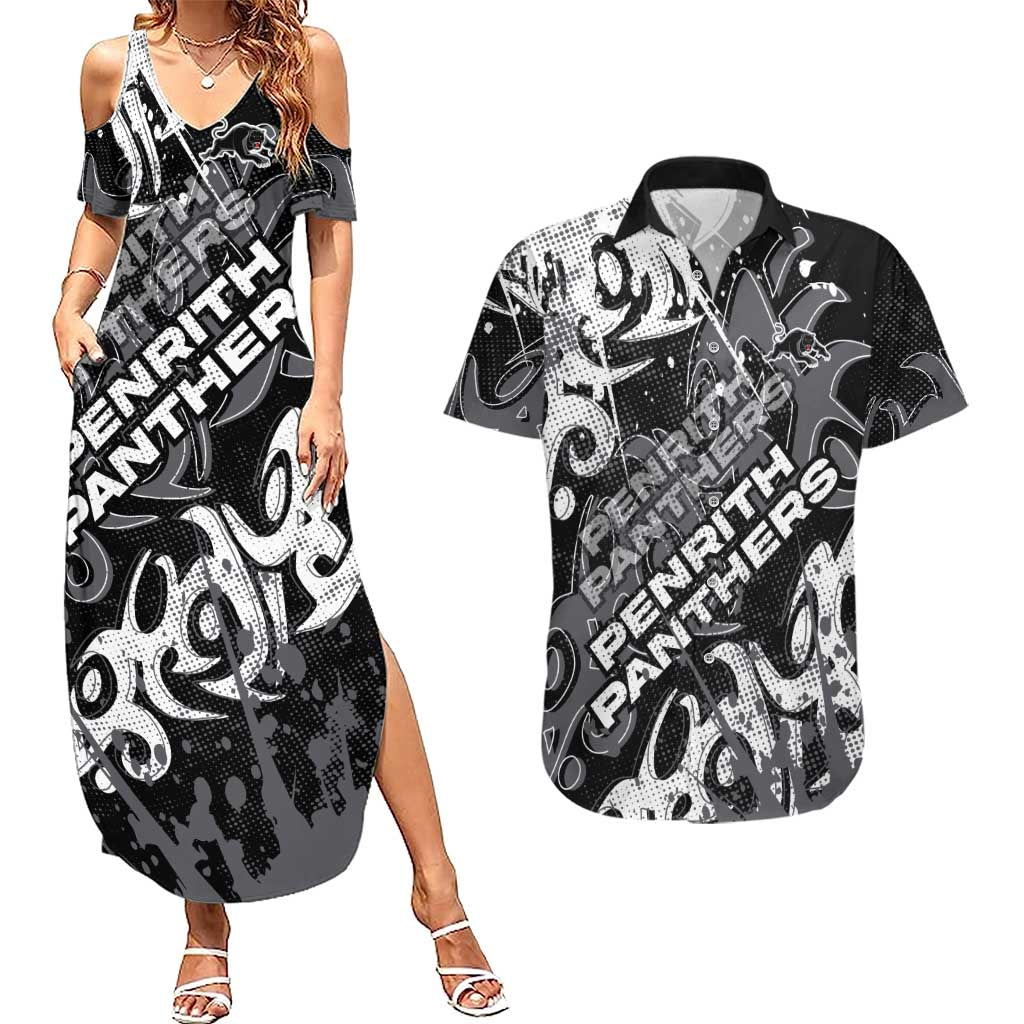 Personalized Penrith Panthers Rugby Couples Matching Summer Maxi Dress and Hawaiian Shirt Urban Street Graffiti Style - Distressed Splatter Elements