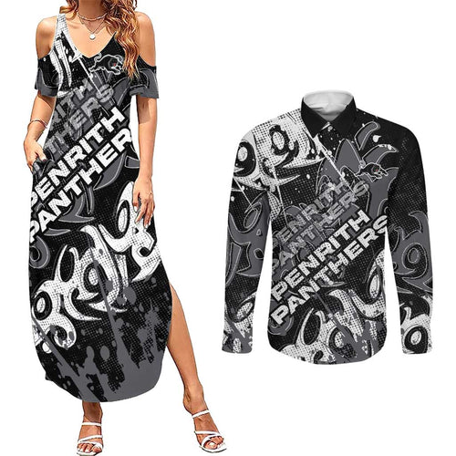 Personalized Penrith Panthers Rugby Couples Matching Summer Maxi Dress and Long Sleeve Button Shirt Urban Street Graffiti Style - Distressed Splatter Elements