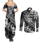 Personalized Penrith Panthers Rugby Couples Matching Summer Maxi Dress and Long Sleeve Button Shirt Urban Street Graffiti Style - Distressed Splatter Elements