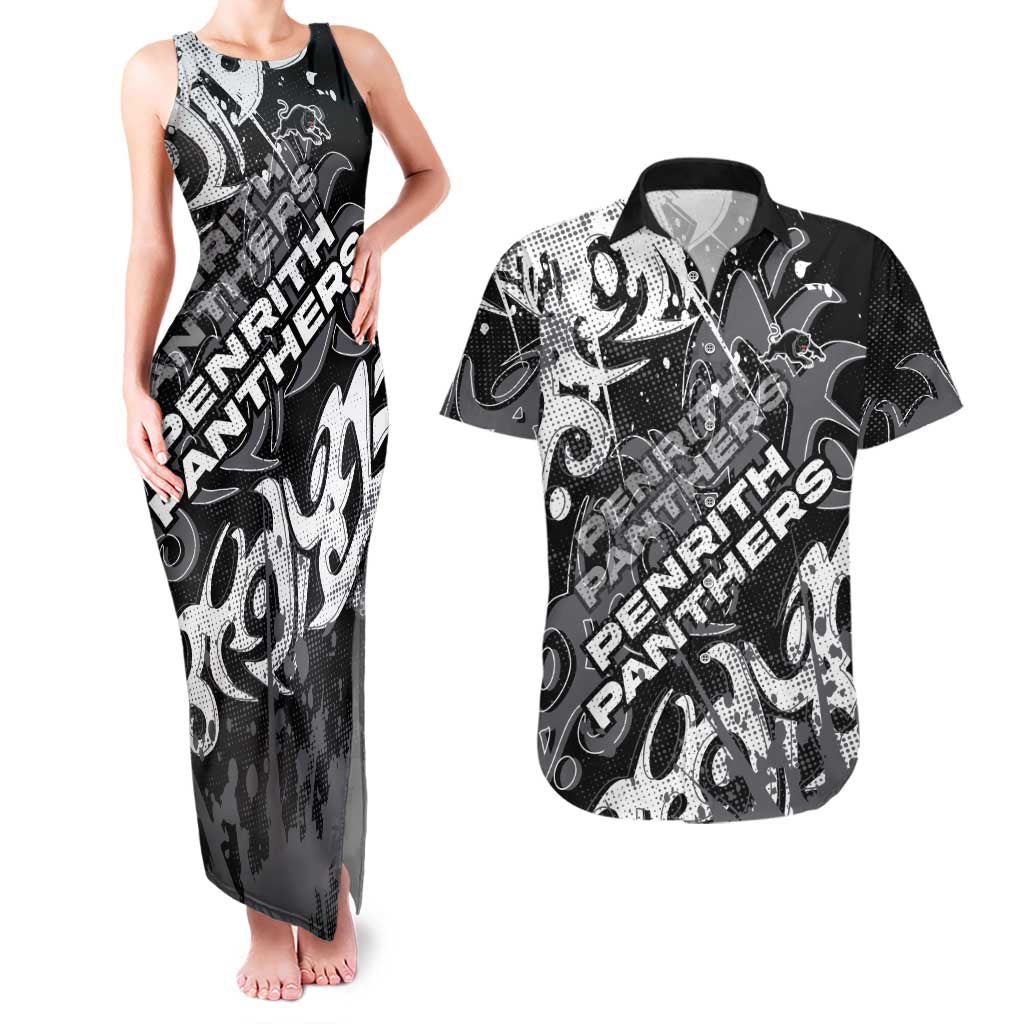 Personalized Penrith Panthers Rugby Couples Matching Tank Maxi Dress and Hawaiian Shirt Urban Street Graffiti Style - Distressed Splatter Elements