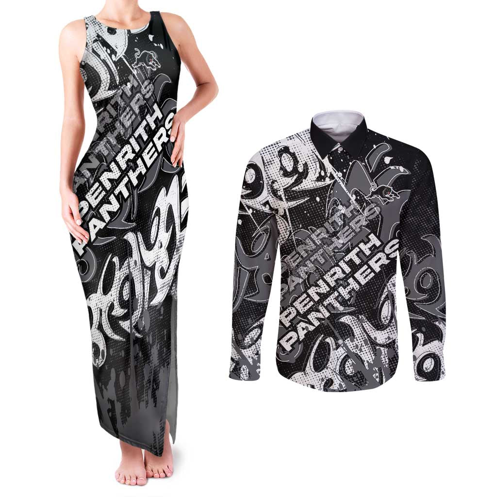 Personalized Penrith Panthers Rugby Couples Matching Tank Maxi Dress and Long Sleeve Button Shirt Urban Street Graffiti Style - Distressed Splatter Elements